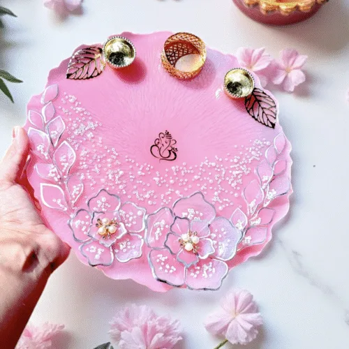 Resin Pooja Thali (Pink Silver) - Image 1